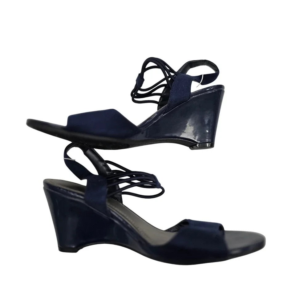 IMPO Vanolo Navy Blue Wedge Sandals Elastic Multi-Strap Dress Shoes Womens 7M